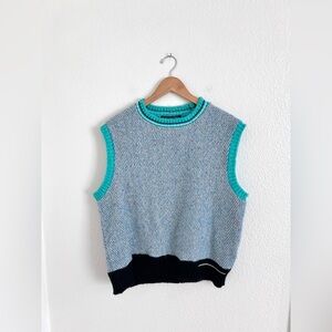 Men's Blue Herringbone V-Neck Sweater Vest with Teal Trim